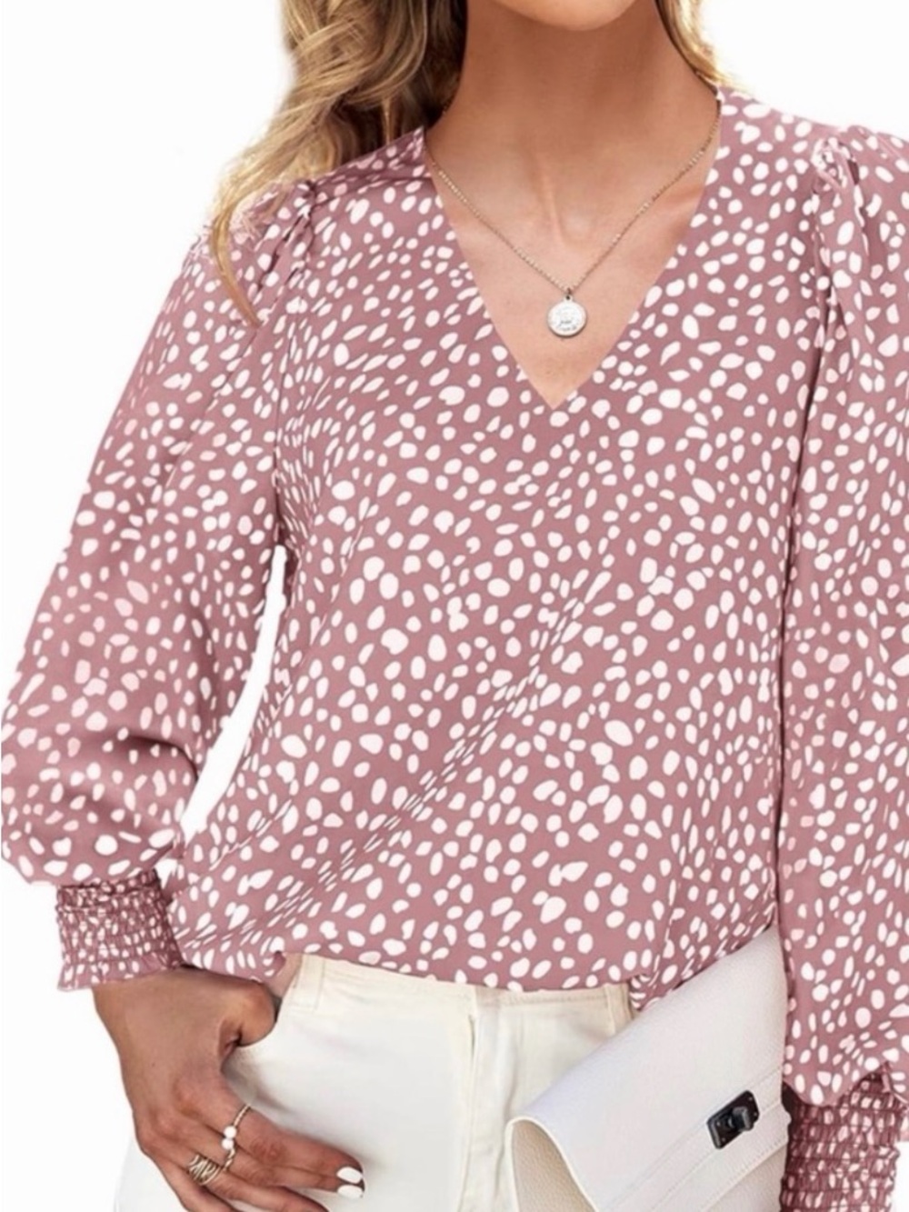 Women's Dusty Rose Polka Dot V-Neck Blouse